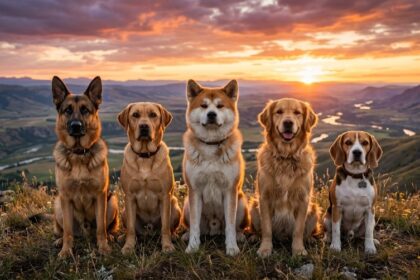 Five most loyal dog breeds including German Shepherd, Labrador Retriever, Akita, Golden Retriever, and Beagle sitting together at golden hour sunset showcasing unconditional devotion