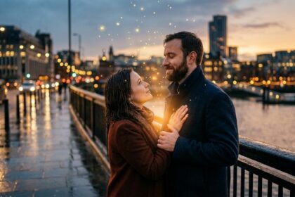 A couple standing face to face with a glowing golden thread connecting their hearts, symbolizing how to know he loves you truly through invisible bonds of real love
