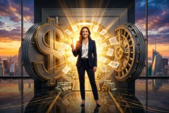 Confident small business owner holding a glowing golden key unlocking a massive vault door shaped like a dollar sign in a dramatic cinematic scene representing best small business loans in 2026