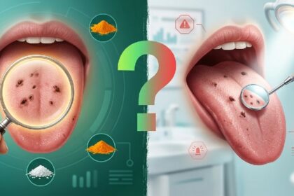 Close-up illustration showing a tongue with black spots alongside a magnifying glass revealing both harmless and concerning indicators, split-screen concept with natural remedies on one side and medical examination on the other