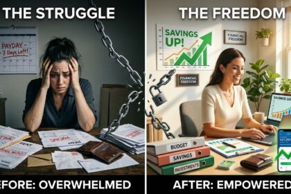 Person breaking chains of financial stress with paycheck and budget documents transforming into freedom symbols