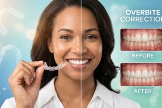 Person holding a clear Invisalign aligner near their smile showing overbite correction transformation