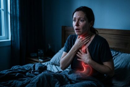 Person waking up choking from nighttime acid reflux in bed