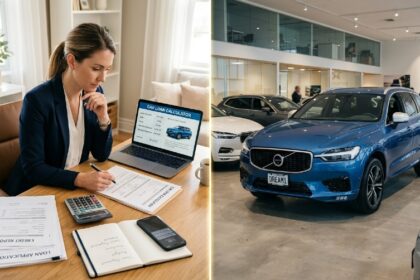 Person contemplating car trade-in with financial documents and calculator showing loan balance versus car value
