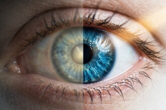 Close-up of human eye showing cloudy cataract vision transforming into clear restored vision after cataract surgery