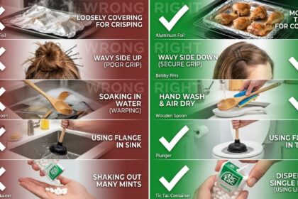 Split screen showing wrong vs right way to use everyday household items