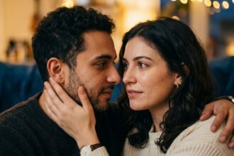 Deep emotional connection between partners looking into each other's eyes with understanding