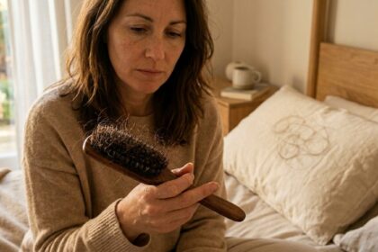 Woman examining hair loss with concern looking at hairbrush with fallen strands