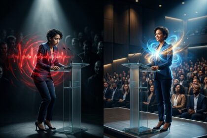 Nervous speaker transforming into a confident public speaker on a podium