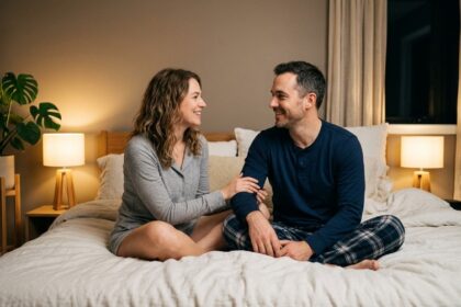 Couple talking intimately before sleep in cozy bedroom setting