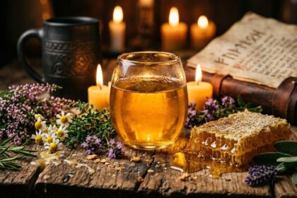 Golden glass of mead with honeycomb and rustic ancient setting