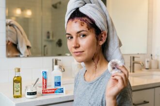 Woman looking in mirror with visible hair dye stains on forehead, ears, and neck, holding a cotton pad with a determined expression against a bright bathroom background