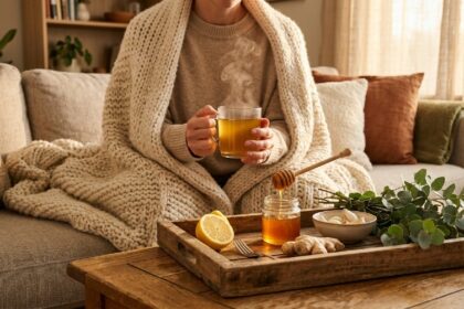 A cozy warm-toned scene showing a person wrapped in a soft blanket holding a steaming cup of herbal tea with honey jar, lemon slices, ginger root, and eucalyptus leaves arranged artistically on a wooden tray, representing natural cold remedies at home