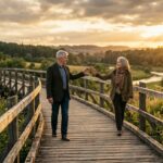 A mature couple walking toward each other on a wooden bridge at golden hour surrounded by wildflowers representing how to keep love alive after years together