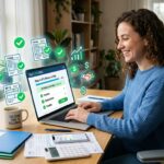 Person confidently using tax software on laptop with organized documents and calculator showing stress-free tax filing