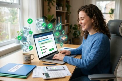 Person confidently using tax software on laptop with organized documents and calculator showing stress-free tax filing