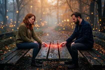 Couple sitting apart on bench with glowing emotional thread connecting their fingertips at golden hour representing how to reconnect emotionally with partner