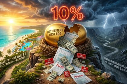 Golden retirement nest egg cracking open revealing dollar bills tax penalty warnings and two diverging paths representing smart versus costly withdrawal decisions