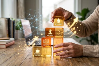 Person stacking colorful blocks symbolizing habit formation with success arrows pointing upward
