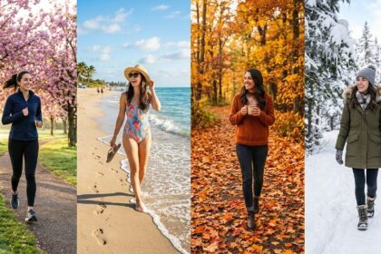Split-screen composite showing spring blooms, summer sunshine, autumn leaves, and winter snow representing seasonal lifestyle changes