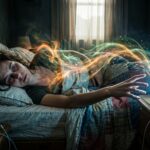 Exhausted person lying in bed reaching for glowing smartphone in dark bedroom with visible energy draining away like colored vapor