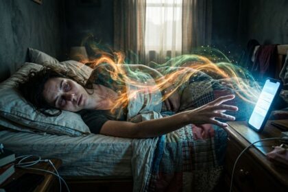 Exhausted person lying in bed reaching for glowing smartphone in dark bedroom with visible energy draining away like colored vapor