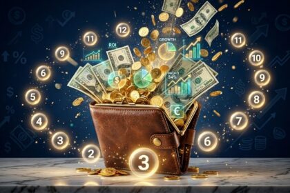 A hyper-realistic wallet exploding with golden coins, dollar bills, and glowing financial charts floating in mid-air against a deep navy background — representing genius money saving tips for 2026