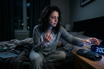 Woman awake at 3 AM shaking numb hands from carpal tunnel pain while wrist brace glows on bedside table