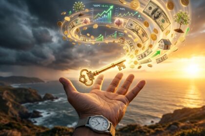 A golden key floating above an open hand transforming into streams of coins and investment charts against a sunrise background representing the journey from financial struggle to wealth building