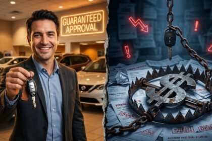 A dramatic split-screen showing a shiny car key being handed over on one side and a money trap with chains on the other, representing the hidden dangers of in-house financing