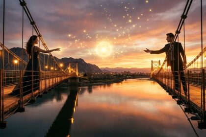 A couple standing on opposite ends of a golden bridge at sunset reaching toward each other with warm light glowing between their outstretched hands