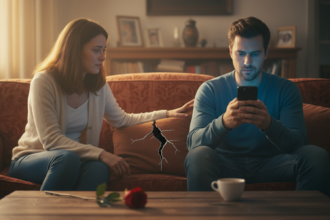 A couple sitting on a couch where the woman reaches toward the man who is absorbed in his phone, illustrating the habit that secretly weakens relationships