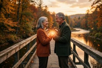 A glowing couple holding hands with a warm golden light radiating from their clasped fingers symbolizing gratitude and lasting love