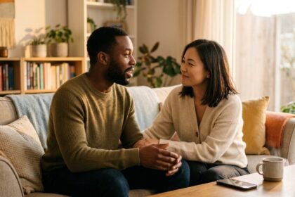 Couple engaged in meaningful conversation showing active listening and emotional connection