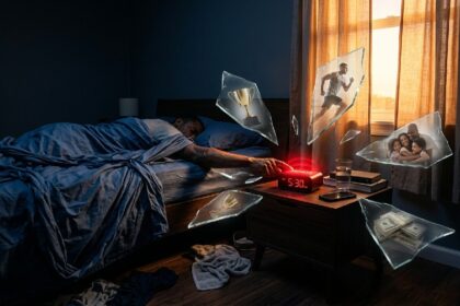 A person's hand reaching for a glowing red snooze button on an alarm clock at dawn with shattered glass fragments representing broken potential floating around the bedside table
