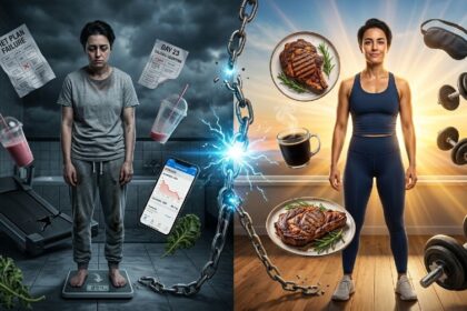 A dramatic before-and-after split-screen showing a frustrated person standing on a scale surrounded by failed diet plans, pills, and smoothies on the left, transforming into a confident, lean, glowing version of themselves on the right surrounded by steak, black coffee, a sleep mask, and a tape measure — vibrant colors with electric energy lines connecting both sides
