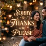 Couple holding hands with speech bubbles showing sorry thanks please words