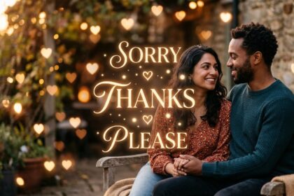 Couple holding hands with speech bubbles showing sorry thanks please words