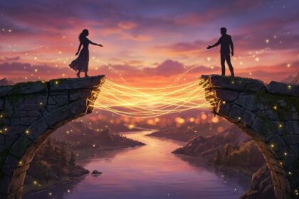 Couple silhouette standing on opposite sides of a broken bridge that is magically repairing itself with golden light threads representing emotional intimacy rebuilding