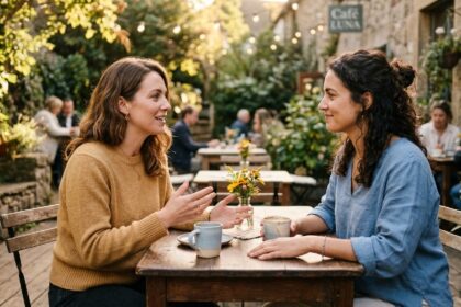 Calm conversation between two people choosing connection over winning arguments