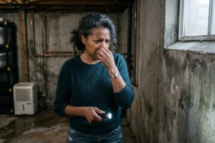 Person detecting musty mold smell in home with concerned expression