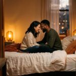 Happy couple sharing intimate bedtime moment in cozy bedroom