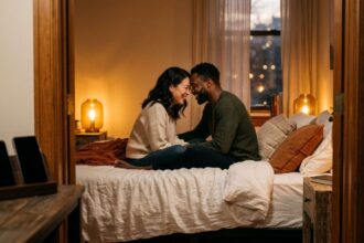 Happy couple sharing intimate bedtime moment in cozy bedroom