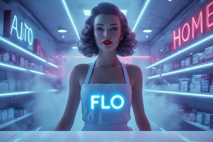 Cinematic illustration of Flo from Progressive standing behind a glowing insurance superstore counter wearing her iconic white apron and red lipstick