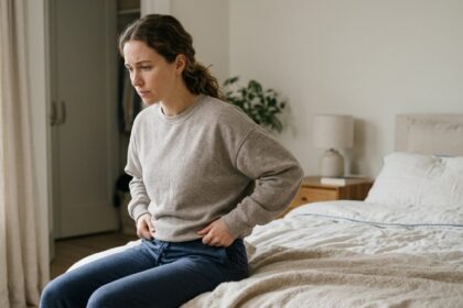 Worried person sitting indoors feeling self-conscious about body odor through clothing