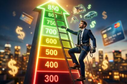 Person climbing ascending credit score chart from 300 to 850 with financial documents and calculator