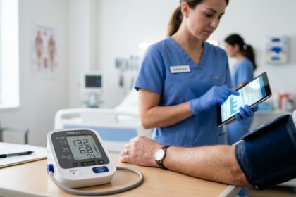 Close-up of digital blood pressure monitor displaying systolic and diastolic numbers with healthcare professional analyzing pulse pressure reading