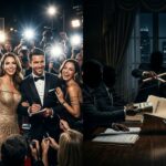 Hollywood celebrities shaking hands in public while shadowy figures manipulate strings behind them, representing hidden conspiracies in celebrity feuds
