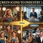 Dramatic split-screen collage showing beloved childhood actors in their iconic young roles on left side transitioning to current successful adult versions on right with Hollywood Walk of Fame stars and transformation timeline overlay