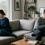 Young couple sitting on opposite ends of couch looking at phones showing silent relationship patterns that cause breakups and emotional distance